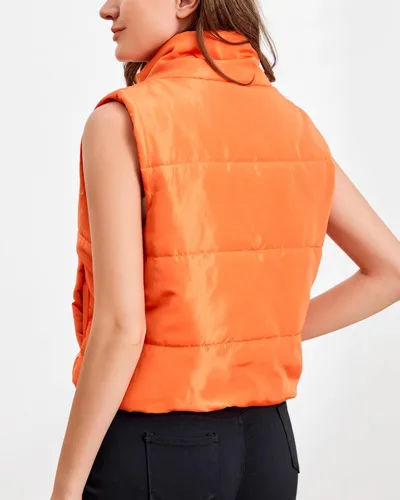 Miniatura 4 de Chaleco acolchado para mujer, sin mangas, cálido, acolchado, recortado, con cuello alto, con bolsillo