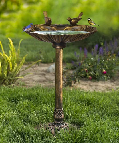 Miniatura 14 de Westcharm Bebedero para Pájaros de 29 Pulgadas, Ligero, de Resina Poli Verde Verdigris para Exteriores con Pájaros Decorativos y Base de Pedestal
