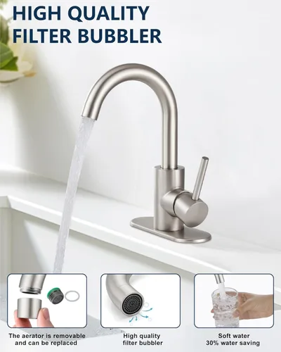 Miniatura 2 de Midanya Grifo de baño de 1 o 3 agujeros, mango único, adecuado para bar, cocina, RV, tocador, acero inoxidable 304, boquilla giratoria de cuello