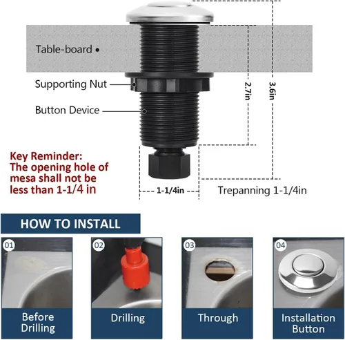 Miniatura 5 de Kit de interruptor de aire para eliminación de basura, desagüe de fregadero, eliminación de basura larga de acero inoxidable, botón de Acero