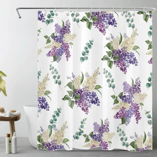 Miniatura 8 de EOBTAIN Cortina de ducha floral púrpura para baño, flores de acuarela y hojas de eucalipto verde sobre beige, cortina de ducha con 10 ganchos, juego