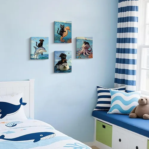 Miniatura 2 de Arte de pared enmarcado para baño, gato negro, aventura oceánica, póster de lienzo de 4 piezas de gato pirata náutico con caballito de mar, manatí