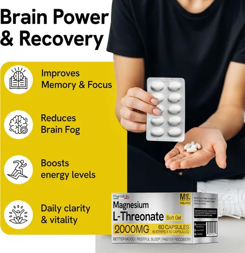 Miniatura 4 de Suplemento de magnesio L-treonato de 2000 mg geles suaves para un mejor sueño - Suplementos cerebrales para memoria y concentración - Soporte