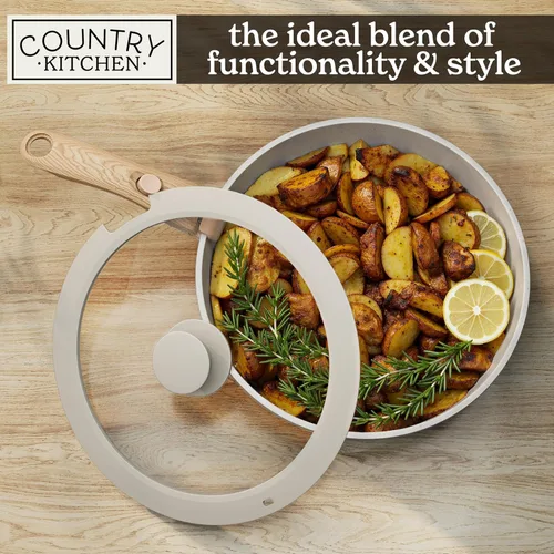 Miniatura 7 de Country Kitchen Juego de utensilios de cocina con mango extraíble, juego de ollas y sartenes aptas para horno y caravana, mango de madera moteada