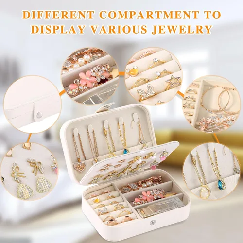 Miniatura 4 de XZUZ Joyero de viaje, organizador de joyas pequeño de piel sintética para mujeres y niñas, mini estuche de viaje portátil de doble capa para guardar