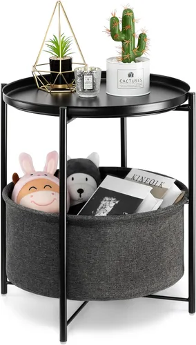 Miniatura 12 de danpinera Mesa auxiliar redonda con cesta de almacenamiento de tela, mesa auxiliar pequeña de metal, mesita de noche con bandeja extraíble para sala