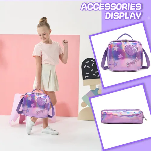 Miniatura 30 de Mochila para niñas de 16 pulgadas, mochilas para niñas para la escuela, mochila de lentejuelas con lonchera para estudiantes de primaria