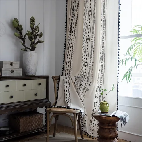Miniatura 11 de Deeprove Cortinas bohemias para dormitorio, rayas huecas de ganchillo crema y estampado floral, tela de lino de algodón, con borlas beige bohemias
