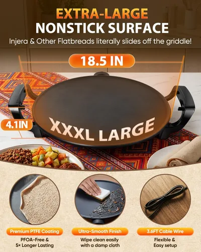 Miniatura 3 de Ethiopian Injera Maker Mitad (Mogogo), plancha eléctrica con temperatura y tiempo ajustables, superficie antiadherente para Lefse noruego