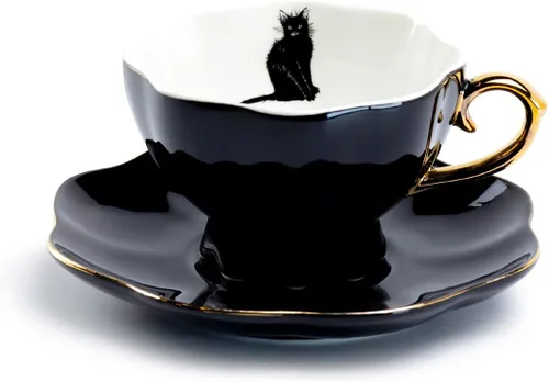 Taza de té y platillo de oro negro con ribete dorado Raven gato negro serpiente araña Halloween (taza de té y platillo de gato negro)