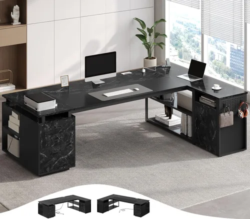 Miniatura 8 de Escritorio ejecutivo de 78 pulgadas con archivador con cerradura, escritorio de oficina en forma de L con tomas de corriente, escritorio ejecutivo