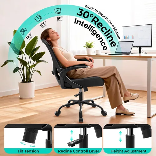 Miniatura 4 de AreShark Silla de oficina – Silla de escritorio ergonómica de malla transpirable con soporte lumbar ajustable y reposabrazos abatibles – Silla Negro