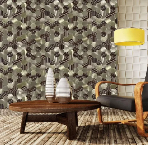 Miniatura 2 de Azulejo de pared hexagonal 3D de 5 hojas para cocina, baño, sala de estar, adhesivo de mosaico de metal de aluminio autoadhesivo de 11.4 x 11 x 0.15
