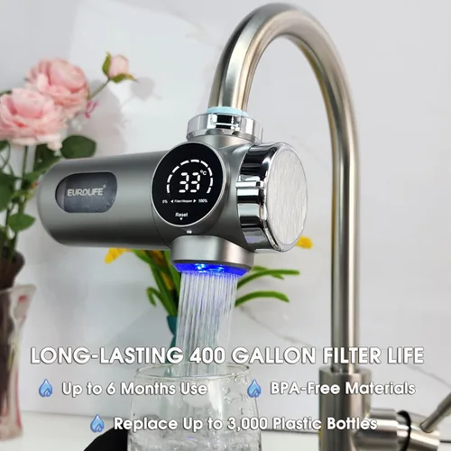Miniatura 5 de Combo EUROLIFE Filtro de agua para montaje en grifo EL-LS-A15, filtro de agua LED para fregadero con luz UV e indicador de vida del filtro en tiempo