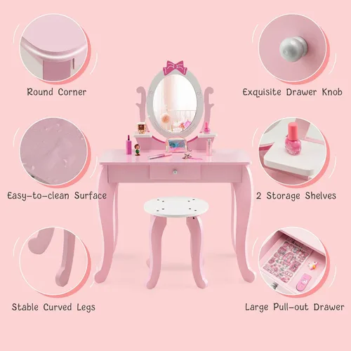 Miniatura 4 de HONEY JOY Juego de tocador para niños, Espejo ovalado de rotación 360 grados, juego de tocador de maquillaje de princesa para niñas pequeñas, juego