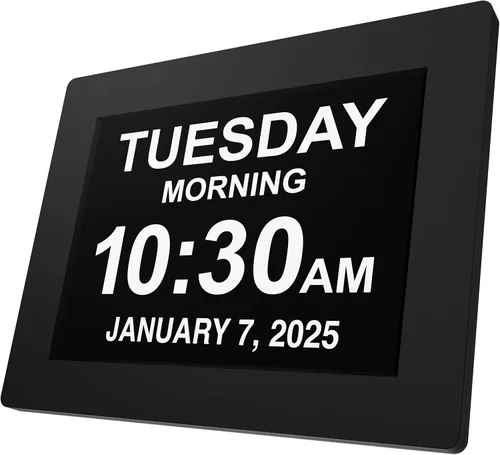 American Lifetime Reloj digital grande para personas mayores, negro, 8 pulgadas, con día y fecha, alarmas personalizables, atenuación automática,