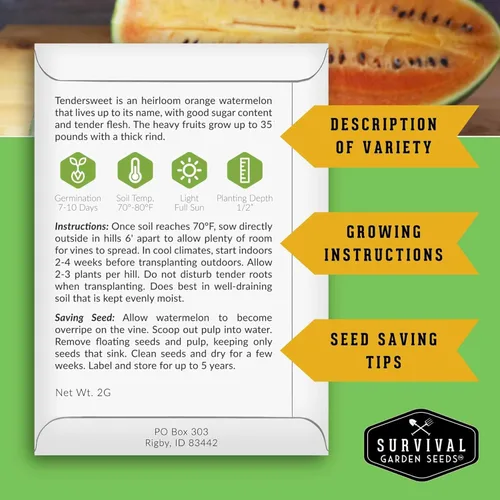 Miniatura 2 de Survival Garden Seeds -Semilla de sandía de naranja tierna para plantar - Paquete con instrucciones para plantar y cultivar deliciosas sandías en tu