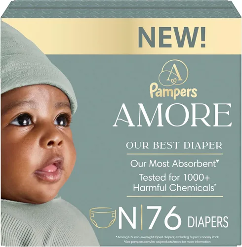 Pampers Amore, tamaño 0 (hasta 10 libras), 76 unidades, nuestro mejor pañal, hipoalergénico y sin fragancia, hasta 100% a prueba de fugas, suave