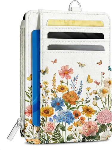 Miniatura 22 de Cartera delgada para mujer - Soporte para tarjetas de crédito con bloqueo RFID, cartera de piel sintética con ventana de identificación y bolsillo
