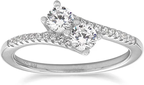 Anillo superpuesto de dos piedras de circonita cúbica de rodio en plata de ley y piedras laterales