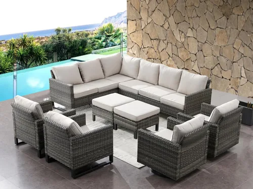 Miniatura 69 de HUMMUH Juego de 2 sillas giratorias para patio, mimbre de polietileno, para exteriores, bistró, porche, balcón, muebles con cojines Gris/gris