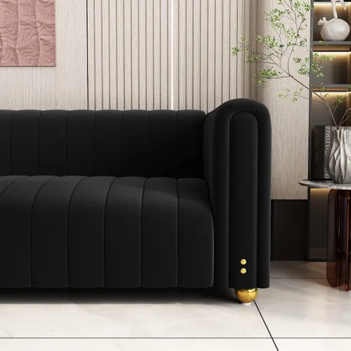 Miniatura 4 de Sofá capitonado Chesterfield de terciopelo tapizado de 81 pulgadas de ancho, 3 plazas, cómodo sofá para sala de estar, dormitorio, oficina, Negro