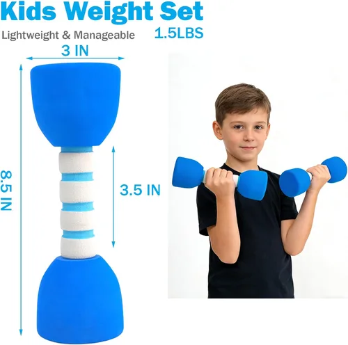 Miniatura 2 de Juego de pesas para niños, un par de 2 mancuernas para ejercicio de niños pequeños, mancuernas de espuma de 1.5 libras, equipo de entrenamiento