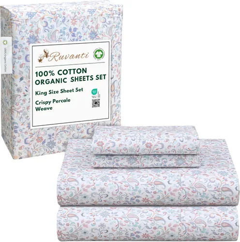 Miniatura 135 de RUVANTI Juego de sábanas de algodón orgánico 100% tamaño completo, tejido de percal, certificado GOTS, juego de 4 piezas, bolsillo profundo de 15