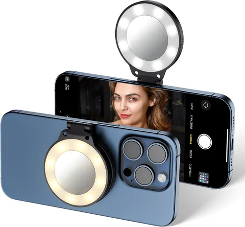 JJC Luz magnética para selfie para teléfono, luz de llenado de teléfono portátil compatible con MagSafe, anillo de luz LED con espejo Negro