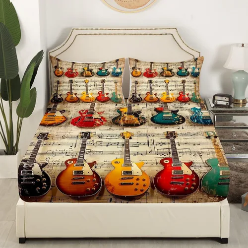 Miniatura 2 de Juego de sábana bajera ajustable para niños con diseño de guitarra eléctrica, estilo retro, diseño de notas musicales, decoración de habitación
