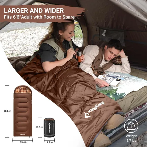 Miniatura 2 de KingCamp Saco de dormir de franela de algodón, sacos de dormir de 90 x 35 pulgadas para adultos para clima frío, grande y alto, cierre juntos