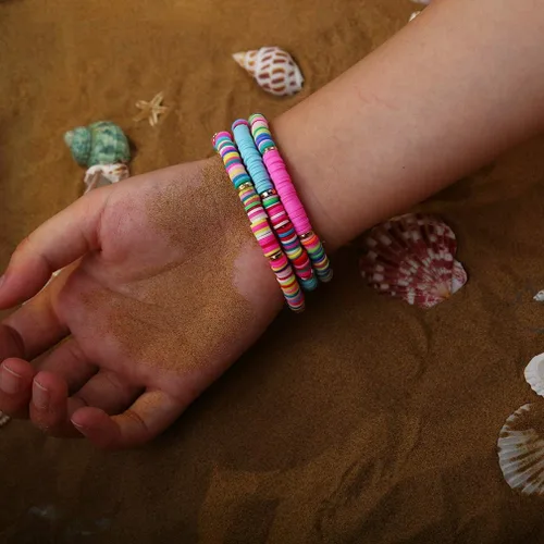 Miniatura 3 de CASDAN 14 pulseras Heishi para mujer con cuentas de disco de vinilo arco iris Srting Stack pulsera surfista cuerda elástica pulseras verano playa