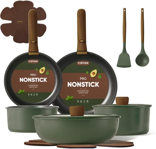 CAROTE Juego de 15 piezas de ollas y sartenes, juego de utensilios de cocina antiadherentes con mango desmontable, juegos de utensilios de cocina de