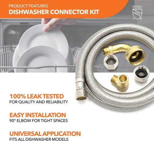 Miniatura 5 de Kit de instalación universal para lavavajillas, compresión de 3/8 pulgadas, manguera de acero inoxidable trenzada de 5 pies de largo + codo