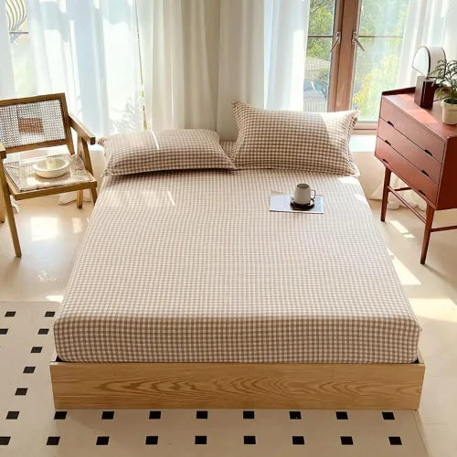 Miniatura 2 de Sábana bajera ajustable de algodón lavado 100% en color topo con diseño Gingham para cama queen, con bolsillo profundo de 15 pulgadas, sábana bajera