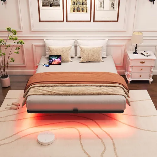 Miniatura 7 de Base de cama flotante con luces LED y estación de carga - Base de cama moderna de plataforma metálica con juntas de colchón - Libre de ruido,