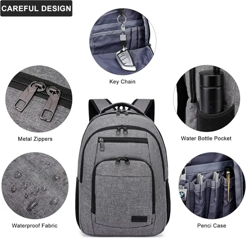 Miniatura 4 de Mochila escolar, mochila grande para adolescentes y niños, mochila delgada para laptop de negocios con puerto de carga USB, bolsa de libros de Gris
