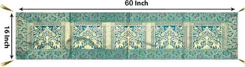 Miniatura 6 de Brocade - Camino de mesa de café jacquard verde oscuro, rectangular, bohemio, tradicional, decoración de sala de estar, elefante pavo real, mantel
