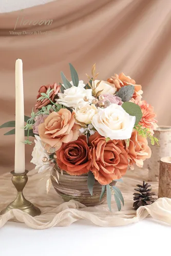 Miniatura 4 de Floroom Flores artificiales de terracota, rosas falsas de color naranja quemado, peonías, dalia, vegetación, caja combinada para bricolaje, ramos