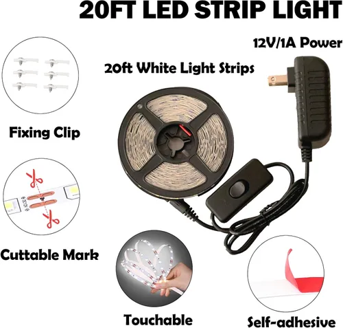 Miniatura 4 de Kit de tira de luz LED blanca de 20 pies, tira de luz de 6500 K, 360 LED de 12 V, tiras de luz LED flexibles para dormitorio, cocina, debajo