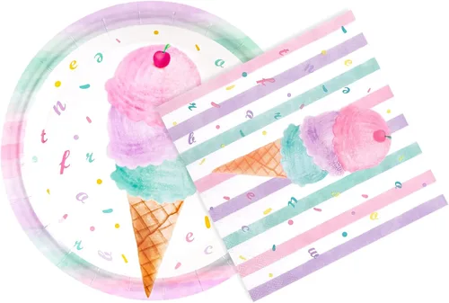 WERNNSAI Platos y servilletas para fiesta de helados, sirve para 50 invitados, 100 piezas, suministros de fiesta temática de helado dulce rosa para