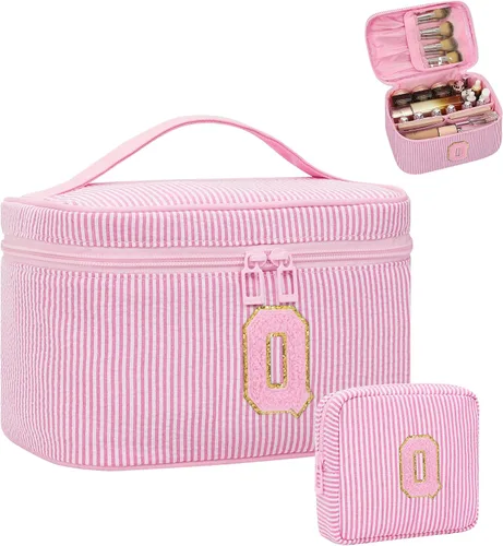 Miniatura 86 de Juego de bolsas de maquillaje con iniciales para niñas y mujeres, bolsa de cosméticos con monograma con soporte para cepillos, estuche de maquillaje