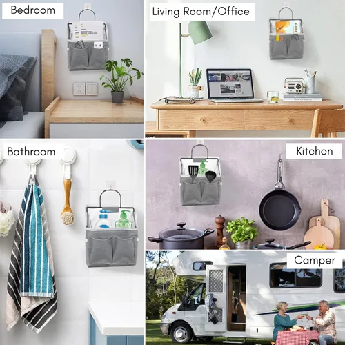 Miniatura 2 de Kanrichu 3 piezas de bolsa organizadora pequeña para colgar en la pared, cesta de almacenamiento colgante de puerta de tela de lino con bolsillos