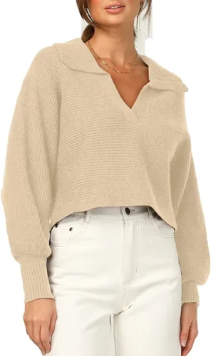 Miniatura 7 de CHYRII - Suéter de punto tipo polo con manga larga abombada y cuello en V para mujer, extra grande