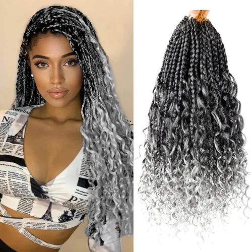 Miniatura 78 de Goddess Box Braids - Trenzas de cabello a ganchillo con extremos rizados, trenzas de caja bohemianas de 16 pulgadas, trenzas de ganchillo, 8 1B-4-30