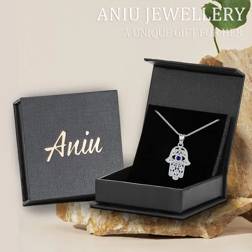 Miniatura 50 de Aniu Joyería de plata de ley 925 Hamsa de Fátima para mujer con circonita cúbica, viene con caja de regalo negra