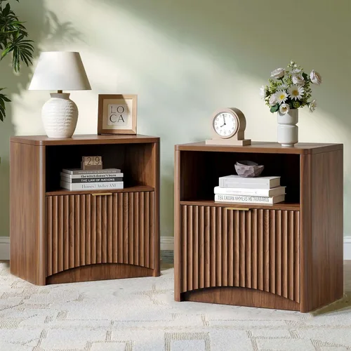 Miniatura 22 de Evermagin Mesita de noche acanalada, mesita de noche de roble natural con cajón y almacenamiento, mesa auxiliar de madera moderna de mediados