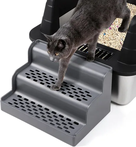 Miniatura 16 de Escalón para caja de arena, escalón para gatos, rampa, atrapador con función de filtro, fácil de limpiar, ideal para gatitos y gatos ancianos (negro)