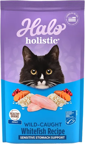 Halo Holistic, comida de gato con fórmula de pescado blanco capturado en la naturaleza, alimento seco con granos saludables, para el apoyo al