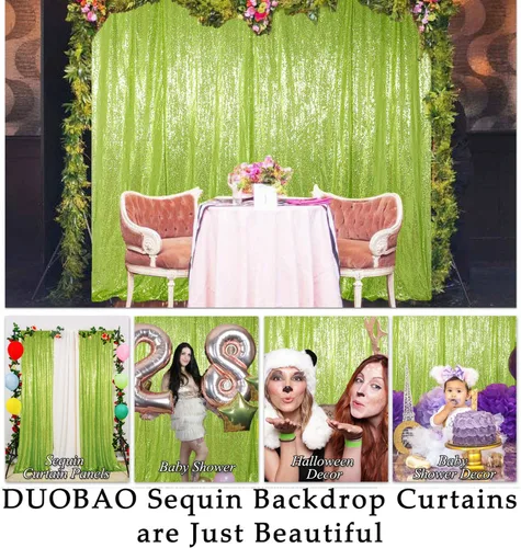Miniatura 6 de DUOBAO Telón de fondo de lentejuelas de 8 x 8 pies, color verde lima claro con purpurina, fondo de fotos brillante de 8 pies, telón de fondo de boda